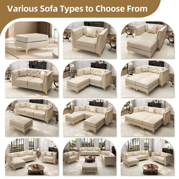 English Elm Light Luxury Faux Leather Chesterfield Ottoman Tufted Modular Footrest for Living Room Beige White W1885P528782