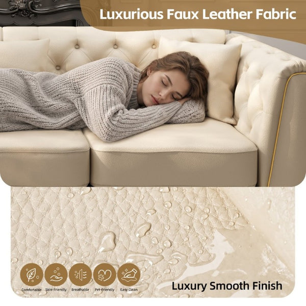 English Elm Light Luxury Faux Leather Chesterfield Ottoman Tufted Modular Footrest for Living Room Beige White W1885P528782