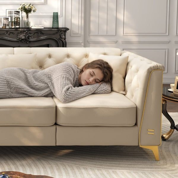 English Elm Light Luxury Faux Leather Chesterfield Ottoman Tufted Modular Footrest for Living Room Beige White W1885P528782
