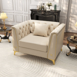 English Elm 40.1 Inch Faux Leather Chesterfield Accent Chair with Button Tufting and Metal Legs Beige+White W1885P528784