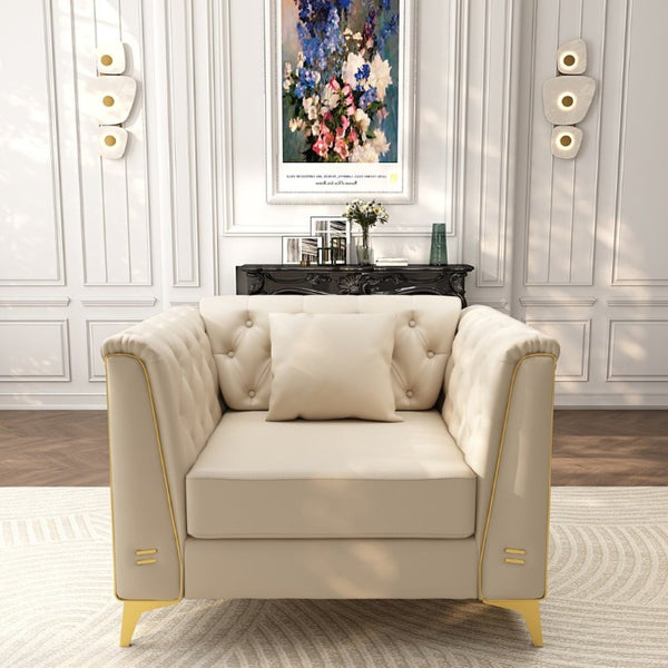 English Elm 40.1 Inch Faux Leather Chesterfield Accent Chair with Button Tufting and Metal Legs Beige+White W1885P528784