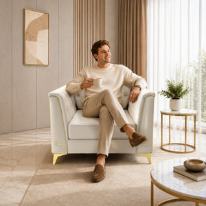 English Elm 40.1 Inch Faux Leather Chesterfield Accent Chair with Button Tufting and Metal Legs Beige+White W1885P528784
