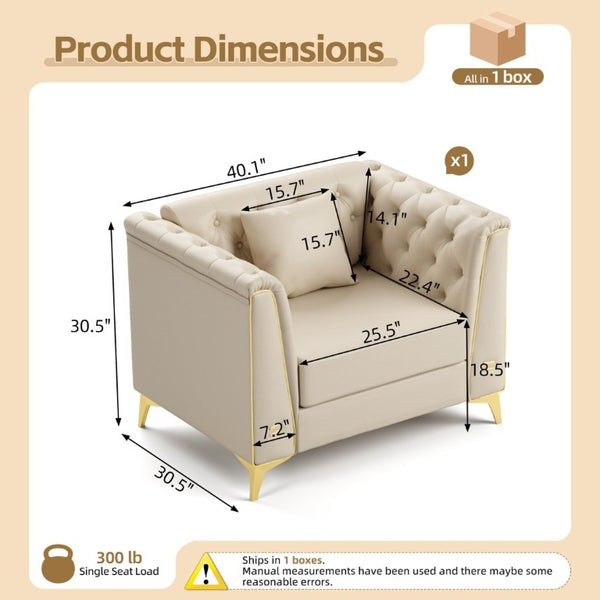 English Elm 40.1 Inch Faux Leather Chesterfield Accent Chair with Button Tufting and Metal Legs Beige+White W1885P528784