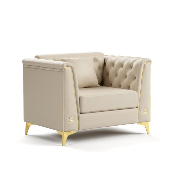 English Elm 40.1 Inch Faux Leather Chesterfield Accent Chair with Button Tufting and Metal Legs Beige+White W1885P528784