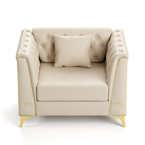 English Elm 40.1 Inch Faux Leather Chesterfield Accent Chair with Button Tufting and Metal Legs Beige+White W1885P528784
