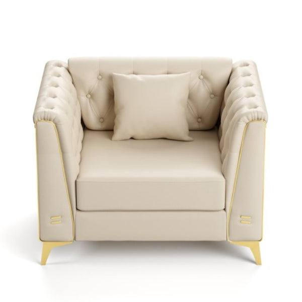English Elm 40.1 Inch Faux Leather Chesterfield Accent Chair with Button Tufting and Metal Legs Beige+White W1885P528784