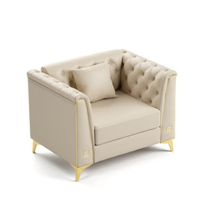 English Elm 40.1 Inch Faux Leather Chesterfield Accent Chair with Button Tufting and Metal Legs Beige+White W1885P528784