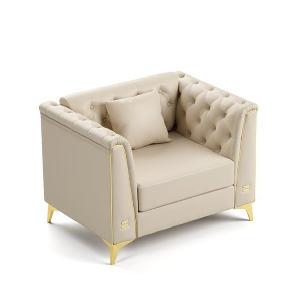 English Elm 40.1 Inch Faux Leather Chesterfield Accent Chair with Button Tufting and Metal Legs Beige+White W1885P528784