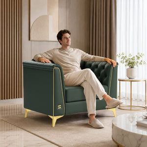 English Elm 40.1 Inch Faux Leather Chesterfield Accent Chair with Button Tufting and Metal Legs Green W1885P528785