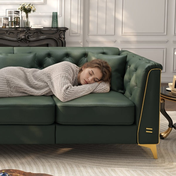 English Elm 40.1 Inch Faux Leather Chesterfield Accent Chair with Button Tufting and Metal Legs Green W1885P528785