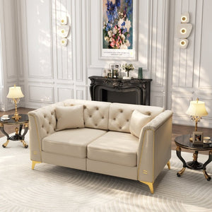 English Elm 61.8 Inch Faux Leather Chesterfield Loveseat with Tufted Back and Metal Trimmed Arms Beige+White W1885P528786