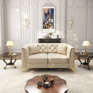 English Elm 61.8 Inch Faux Leather Chesterfield Loveseat with Tufted Back and Metal Trimmed Arms Beige+White W1885P528786
