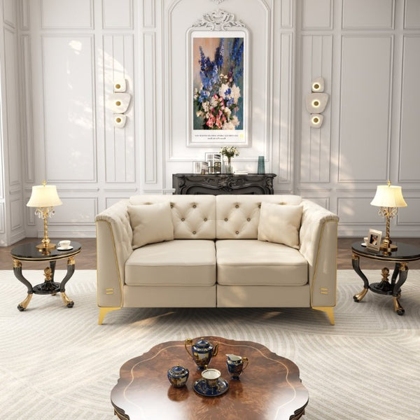 English Elm 61.8 Inch Faux Leather Chesterfield Loveseat with Tufted Back and Metal Trimmed Arms Beige+White W1885P528786