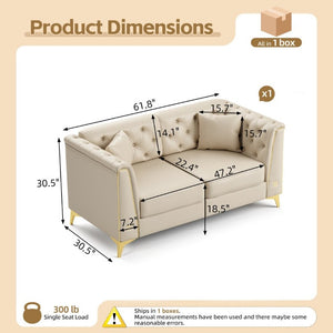 English Elm 61.8 Inch Faux Leather Chesterfield Loveseat with Tufted Back and Metal Trimmed Arms Beige+White W1885P528786