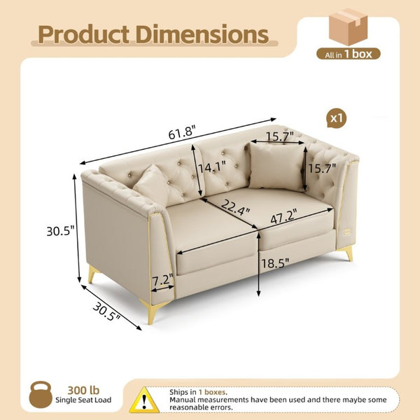 English Elm 61.8 Inch Faux Leather Chesterfield Loveseat with Tufted Back and Metal Trimmed Arms Beige+White W1885P528786