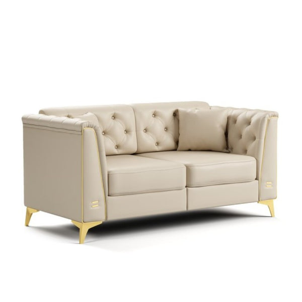 English Elm 61.8 Inch Faux Leather Chesterfield Loveseat with Tufted Back and Metal Trimmed Arms Beige+White W1885P528786