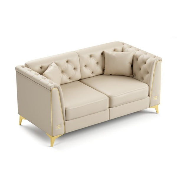 English Elm 61.8 Inch Faux Leather Chesterfield Loveseat with Tufted Back and Metal Trimmed Arms Beige+White W1885P528786