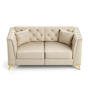 English Elm 61.8 Inch Faux Leather Chesterfield Loveseat with Tufted Back and Metal Trimmed Arms Beige+White W1885P528786