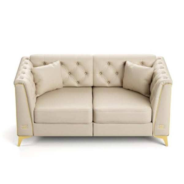 English Elm 61.8 Inch Faux Leather Chesterfield Loveseat with Tufted Back and Metal Trimmed Arms Beige+White W1885P528786