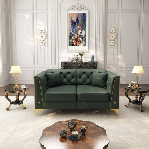 English Elm 61.8 Inch Faux Leather Chesterfield Loveseat with Tufted Back and Metal Trimmed Arms Green W1885P528787