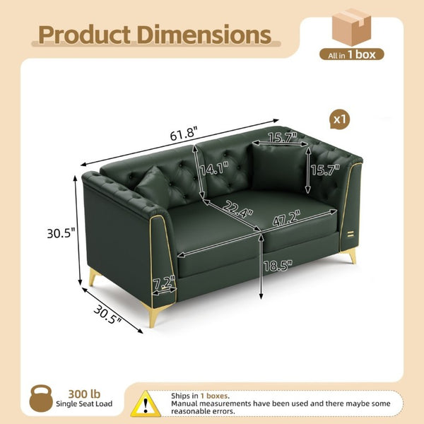 English Elm 61.8 Inch Faux Leather Chesterfield Loveseat with Tufted Back and Metal Trimmed Arms Green W1885P528787