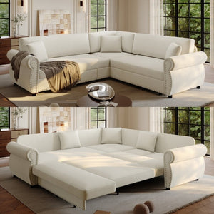 English Elm 88.2L-Shaped Chenille Sectional Sleeper Sofa with Nailhead Trim for Living Room Beige/White W1885S00244