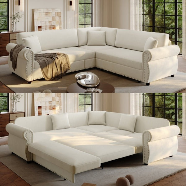 English Elm 88.2L-Shaped Chenille Sectional Sleeper Sofa with Nailhead Trim for Living Room Beige/White W1885S00244