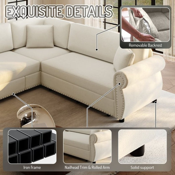 English Elm 88.2L-Shaped Chenille Sectional Sleeper Sofa with Nailhead Trim for Living Room Beige/White W1885S00244