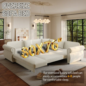 English Elm 88.2L-Shaped Chenille Sectional Sleeper Sofa with Nailhead Trim for Living Room Beige/White W1885S00244