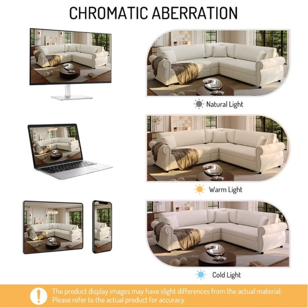 English Elm 88.2L-Shaped Chenille Sectional Sleeper Sofa with Nailhead Trim for Living Room Beige/White W1885S00244