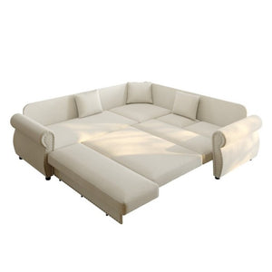 English Elm 88.2L-Shaped Chenille Sectional Sleeper Sofa with Nailhead Trim for Living Room Beige/White W1885S00244