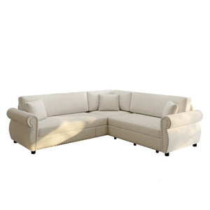 English Elm 88.2L-Shaped Chenille Sectional Sleeper Sofa with Nailhead Trim for Living Room Beige/White W1885S00244