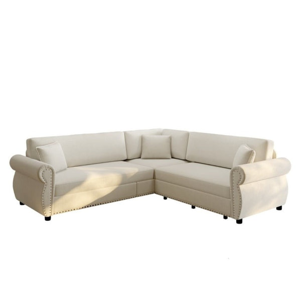English Elm 88.2L-Shaped Chenille Sectional Sleeper Sofa with Nailhead Trim for Living Room Beige/White W1885S00244
