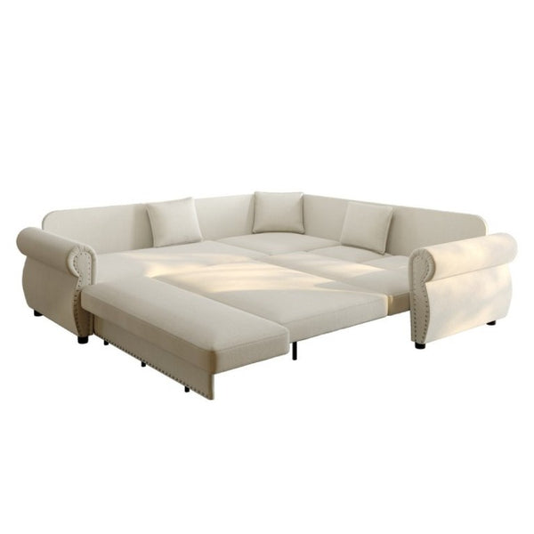 English Elm 88.2L-Shaped Chenille Sectional Sleeper Sofa with Nailhead Trim for Living Room Beige/White W1885S00244