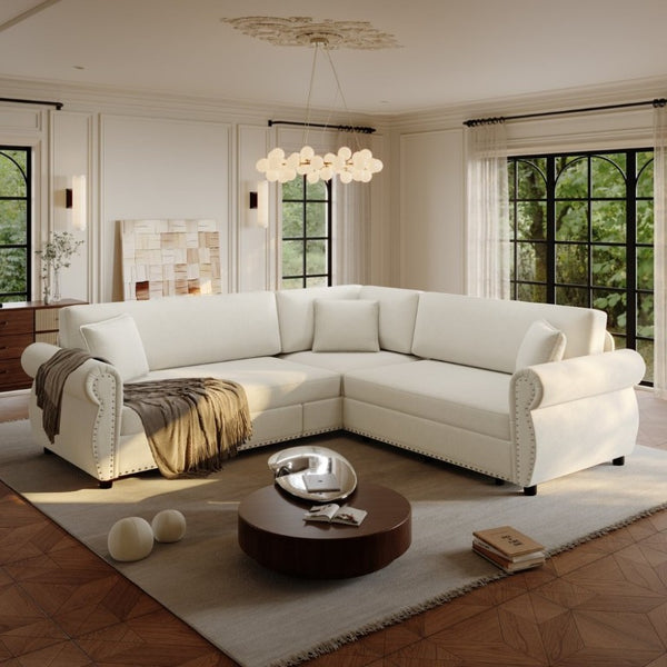 English Elm 88.2L-Shaped Chenille Sectional Sleeper Sofa with Nailhead Trim for Living Room Beige/White W1885S00244