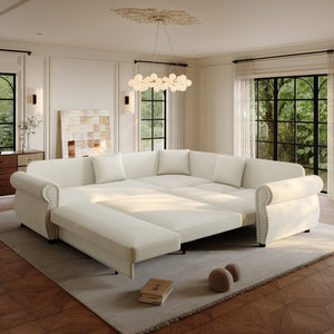 English Elm 88.2L-Shaped Chenille Sectional Sleeper Sofa with Nailhead Trim for Living Room Beige/White W1885S00244