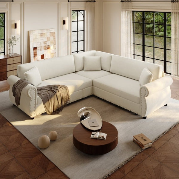 English Elm 88.2L-Shaped Chenille Sectional Sleeper Sofa with Nailhead Trim for Living Room Beige/White W1885S00244