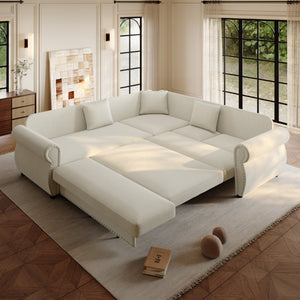 English Elm 88.2L-Shaped Chenille Sectional Sleeper Sofa with Nailhead Trim for Living Room Beige/White W1885S00244