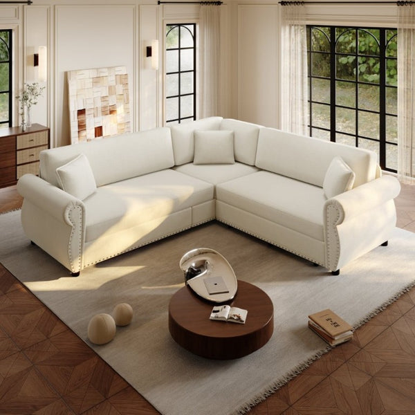 English Elm 88.2L-Shaped Chenille Sectional Sleeper Sofa with Nailhead Trim for Living Room Beige/White W1885S00244