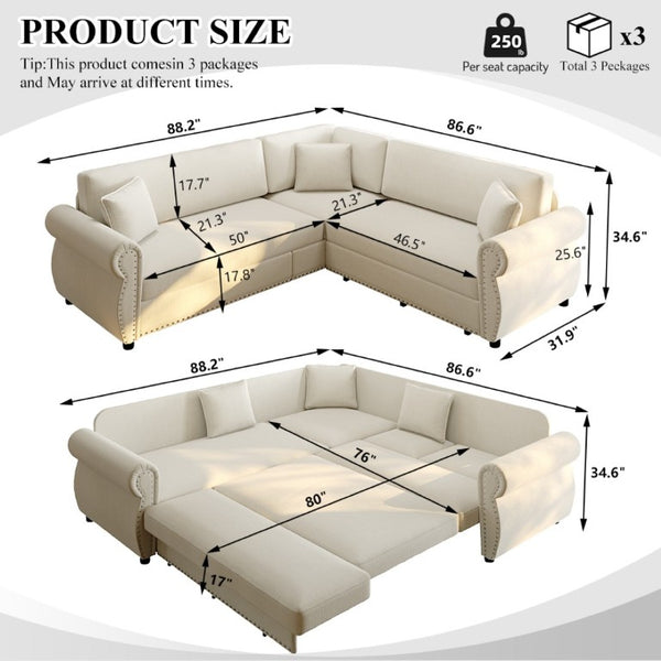 English Elm 88.2L-Shaped Chenille Sectional Sleeper Sofa with Nailhead Trim for Living Room Beige/White W1885S00244