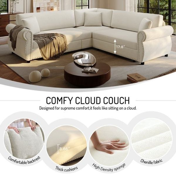 English Elm 88.2L-Shaped Chenille Sectional Sleeper Sofa with Nailhead Trim for Living Room Beige/White W1885S00244