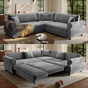 English Elm 88.2L-Shaped Chenille Sectional Sleeper Sofa with Nailhead Trim for Living Room Light Grey W1885S00245