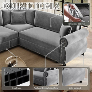English Elm 88.2L-Shaped Chenille Sectional Sleeper Sofa with Nailhead Trim for Living Room Light Grey W1885S00245