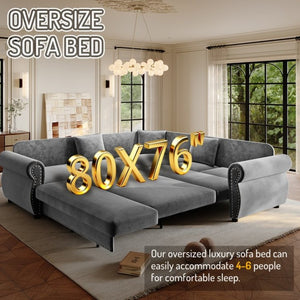 English Elm 88.2L-Shaped Chenille Sectional Sleeper Sofa with Nailhead Trim for Living Room Light Grey W1885S00245