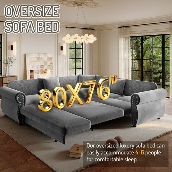 English Elm 88.2L-Shaped Chenille Sectional Sleeper Sofa with Nailhead Trim for Living Room Light Grey W1885S00245