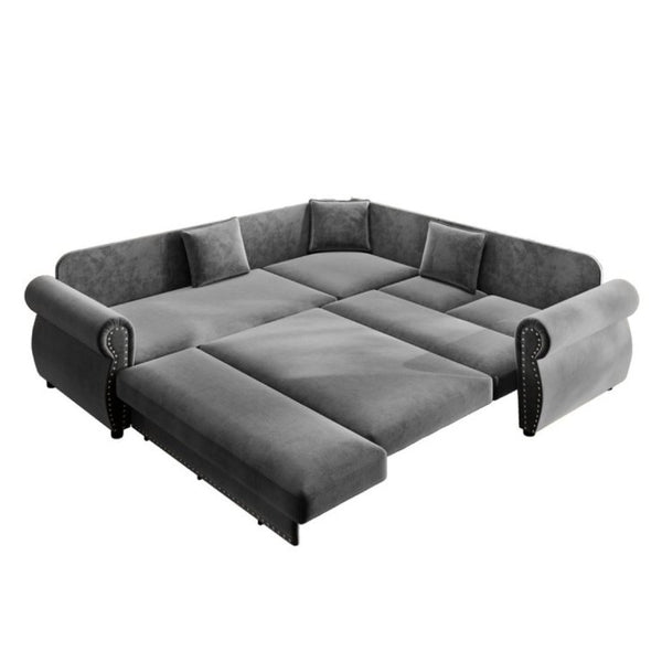 English Elm 88.2L-Shaped Chenille Sectional Sleeper Sofa with Nailhead Trim for Living Room Light Grey W1885S00245