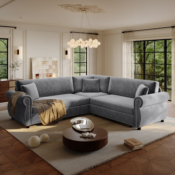 English Elm 88.2L-Shaped Chenille Sectional Sleeper Sofa with Nailhead Trim for Living Room Light Grey W1885S00245