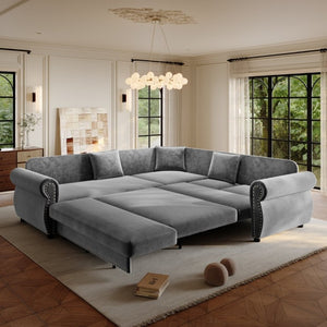 English Elm 88.2L-Shaped Chenille Sectional Sleeper Sofa with Nailhead Trim for Living Room Light Grey W1885S00245