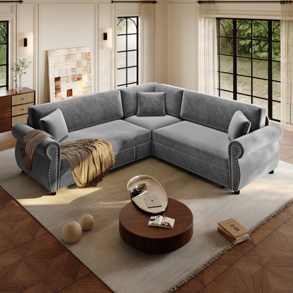 English Elm 88.2L-Shaped Chenille Sectional Sleeper Sofa with Nailhead Trim for Living Room Light Grey W1885S00245