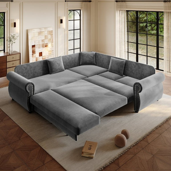English Elm 88.2L-Shaped Chenille Sectional Sleeper Sofa with Nailhead Trim for Living Room Light Grey W1885S00245
